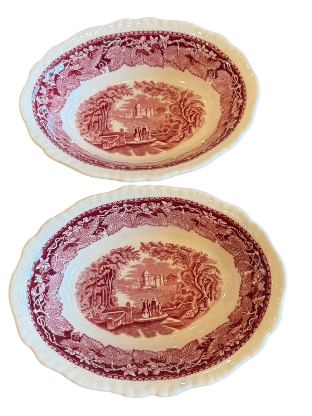 Mason Red and Cream Scenic Transferware Serving Bowls (Pair)